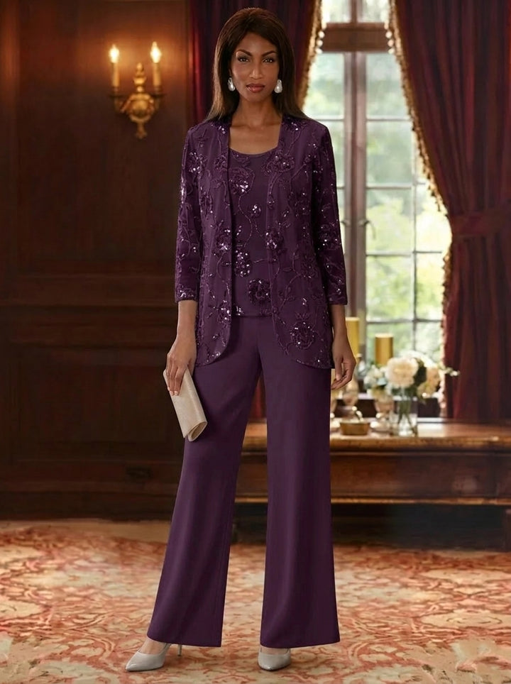 3 Pieces Suit Scoop Chiffon Mother of the Bride Pantsuits with Jacket Sequins Ankle-Length 3/4 Sleeves