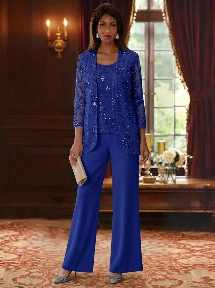 3 Pieces Suit Scoop Chiffon Mother of the Bride Pantsuits with Jacket Sequins Ankle-Length 3/4 Sleeves