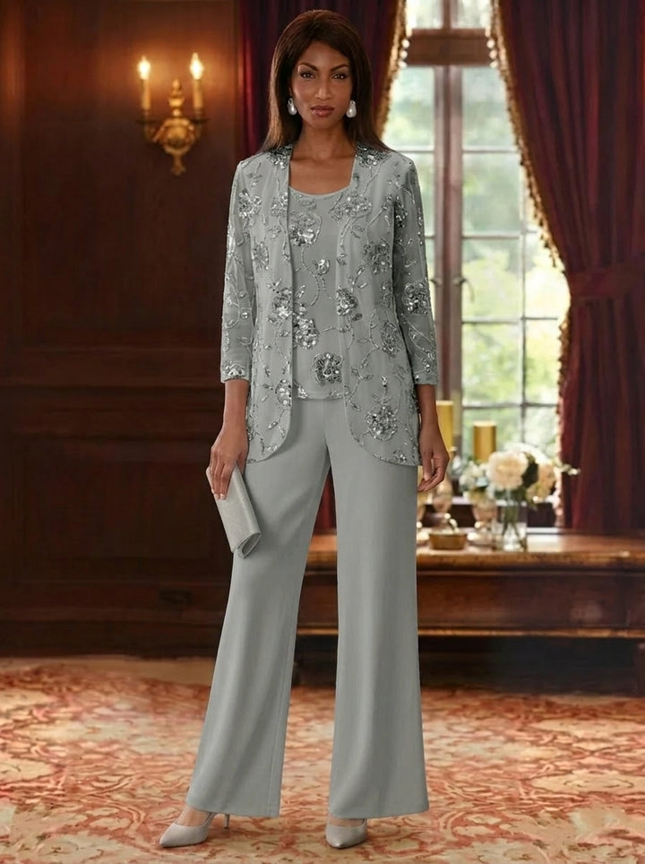 3 Pieces Suit Scoop Chiffon Mother of the Bride Pantsuits with Jacket Sequins Ankle-Length 3/4 Sleeves