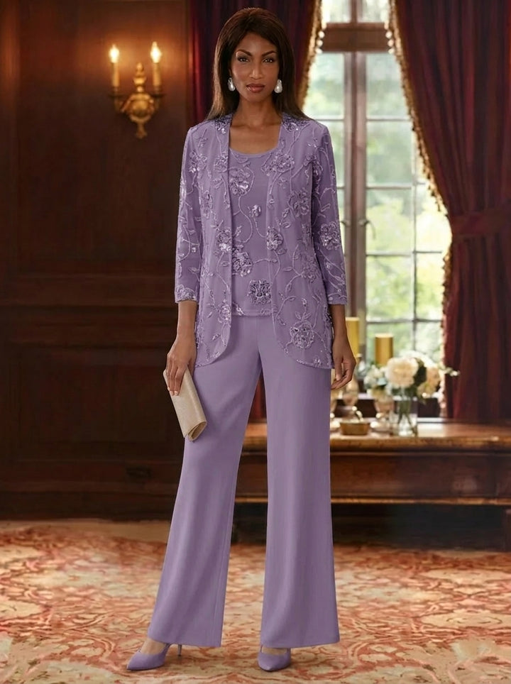 3 Pieces Suit Scoop Chiffon Mother of the Bride Pantsuits with Jacket Sequins Ankle-Length 3/4 Sleeves