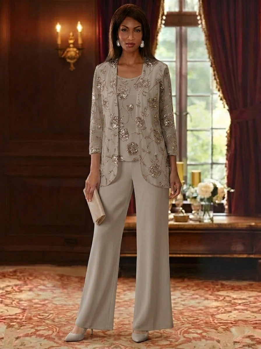 3 Pieces Suit Scoop Chiffon Mother of the Bride Pantsuits with Jacket Sequins Ankle-Length 3/4 Sleeves