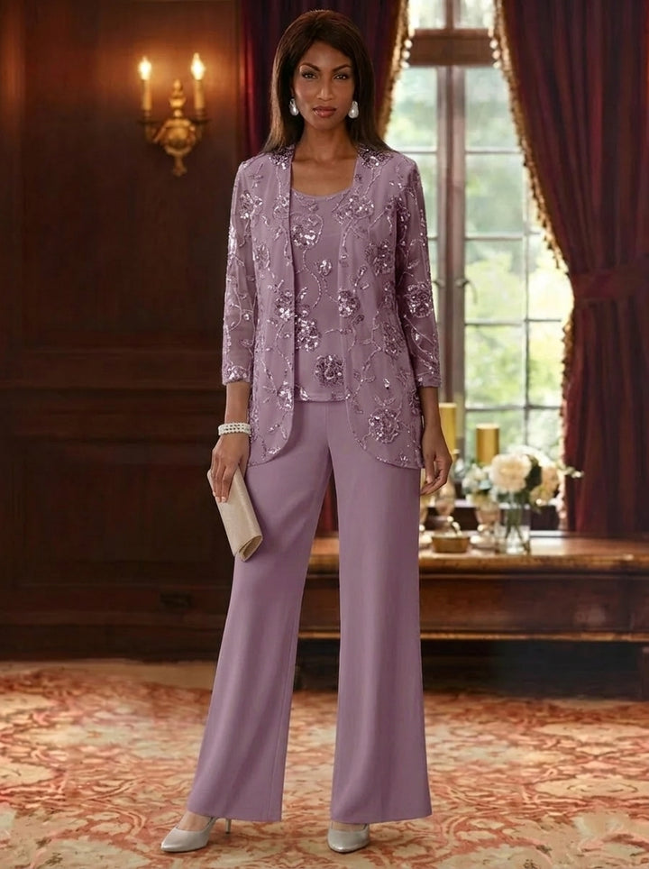 3 Pieces Suit Scoop Chiffon Mother of the Bride Pantsuits with Jacket Sequins Ankle-Length 3/4 Sleeves