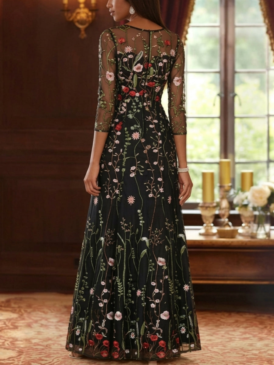 A-Line/Princess Scoop Lace Embroidery Mother of the Bride Dresses Floral 3/4 Sleeves Floor-Length