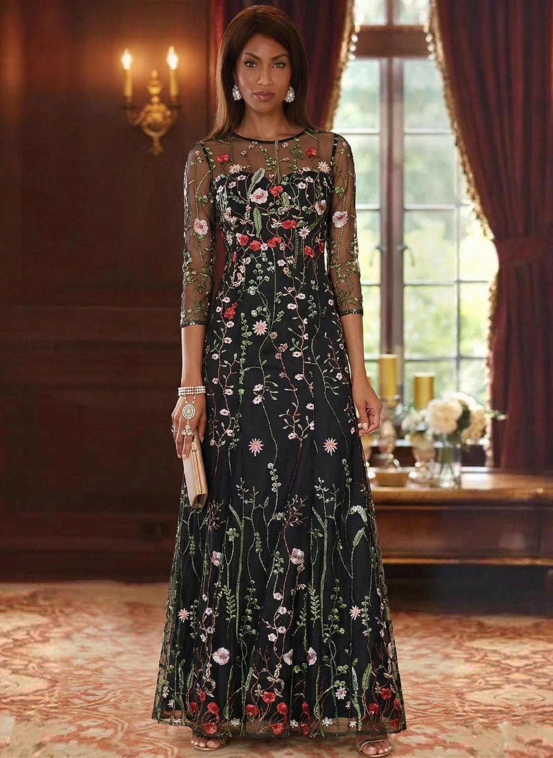 embroidery a line dress Lady Black Tie - A1288 - A-line Dress With Multi Colored Floral Embellishment - Andrea & Leo