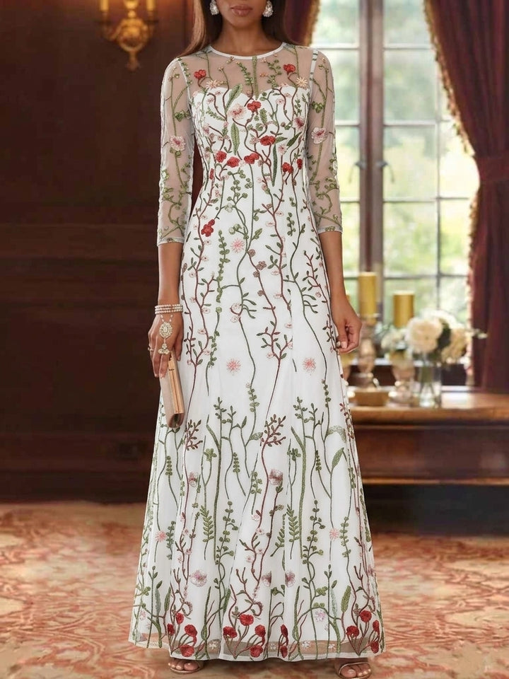 A-Line/Princess Scoop Lace Embroidery Mother of the Bride Dresses Floral 3/4 Sleeves Floor-Length