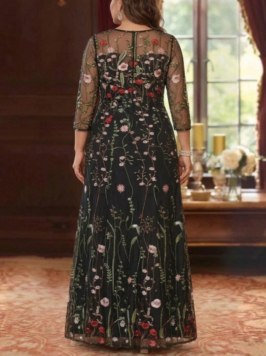 A-Line/Princess Scoop Lace Embroidery Plus Size Mother of the Bride Dresses Floral 3/4 Sleeves Floor-Length