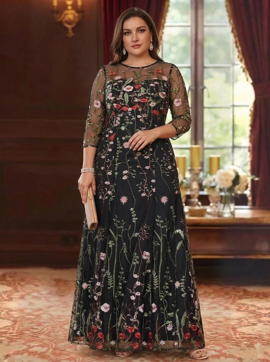 A-Line/Princess Scoop Lace Embroidery Plus Size Mother of the Bride Dresses Floral 3/4 Sleeves Floor-Length