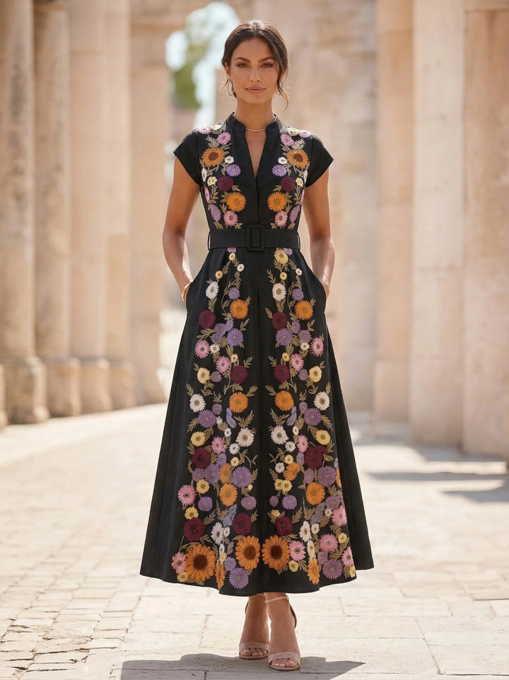 A-Line/Princess V-Neck Satin Mother of the Bride Dresses Floral Short Sleeves Tea Length Belt