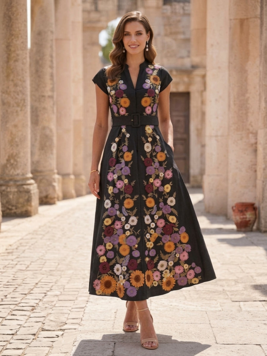 A-Line/Princess V-Neck Satin Mother of the Bride Dresses Floral Short Sleeves Tea Length Belt