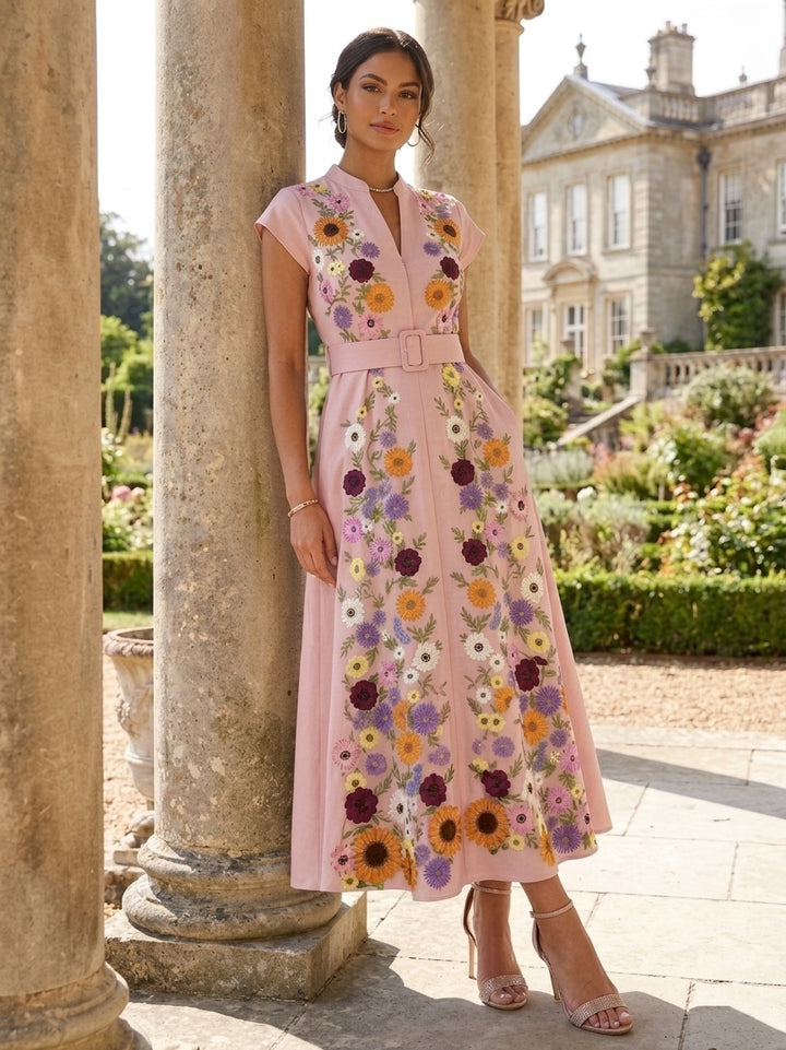 A-Line/Princess V-Neck Satin Mother of the Bride Dresses Floral Short Sleeves Tea Length Belt