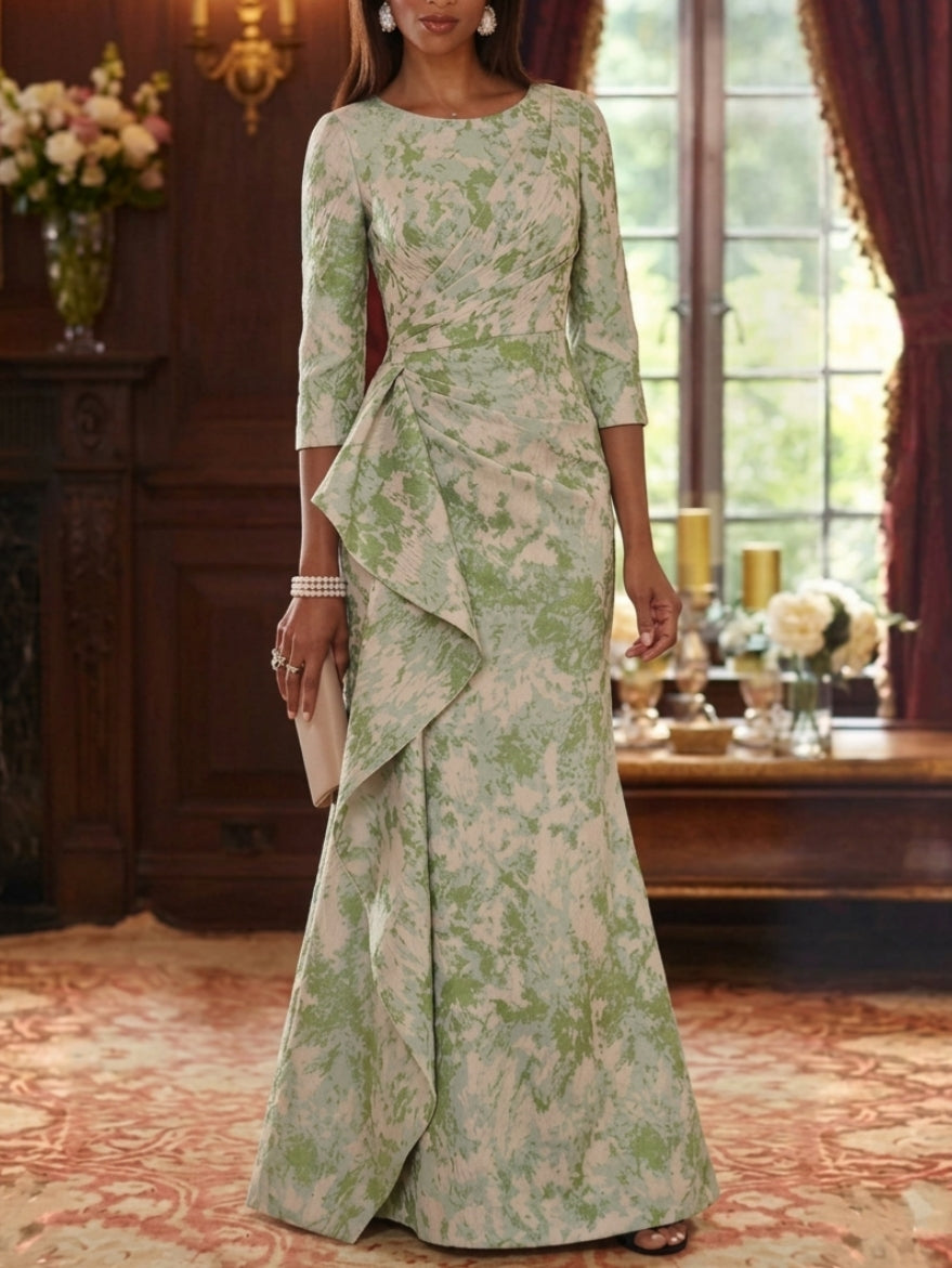 Sheath/Column Scoop Jacquard Mother of the Bride Dresses Floor-Length Floral 3/4 Sleeves Ruffles