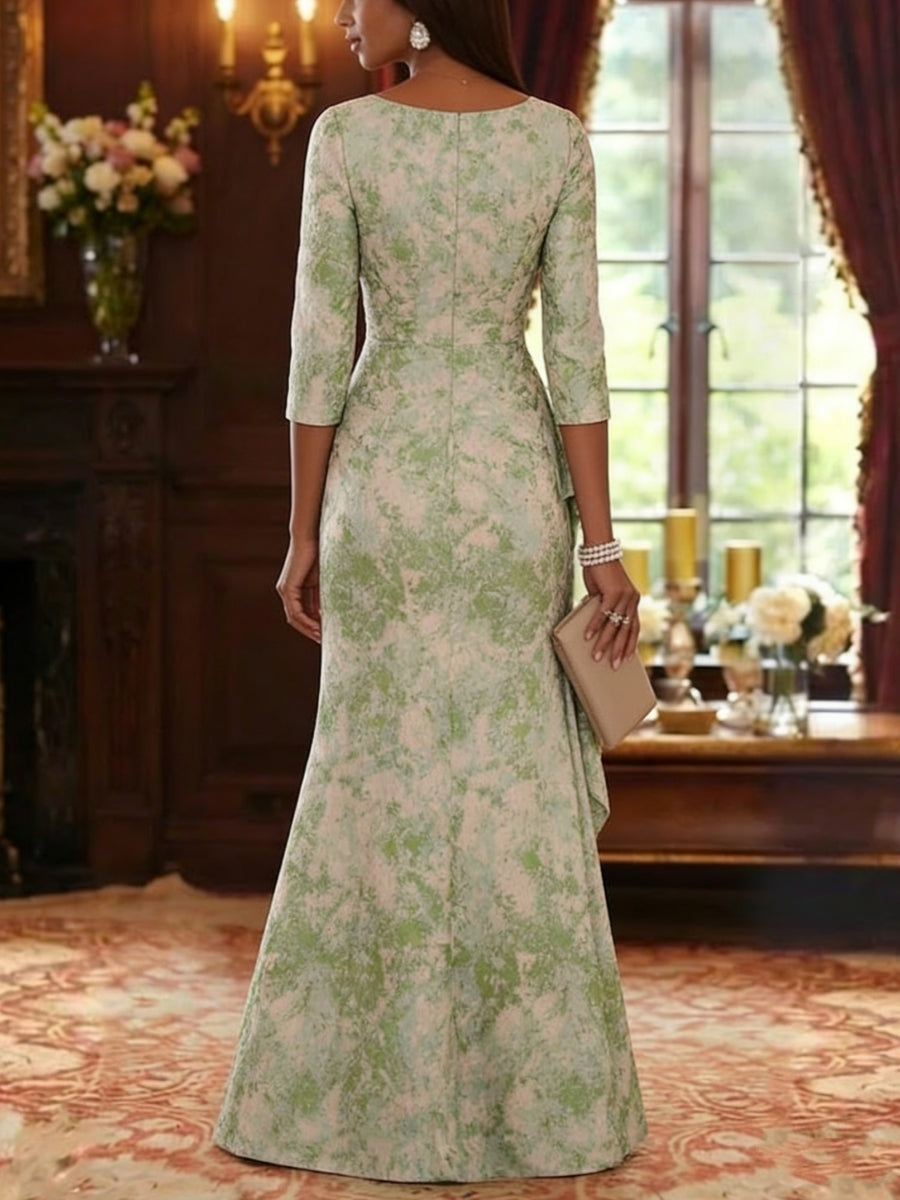 Sheath/Column Scoop Jacquard Mother of the Bride Dresses Floor-Length Floral 3/4 Sleeves Ruffles Sheath/Column Scoop Jacquard Mother of the Bride Dresses Floor-Length Floral 3/4 Sleeves Ruffles