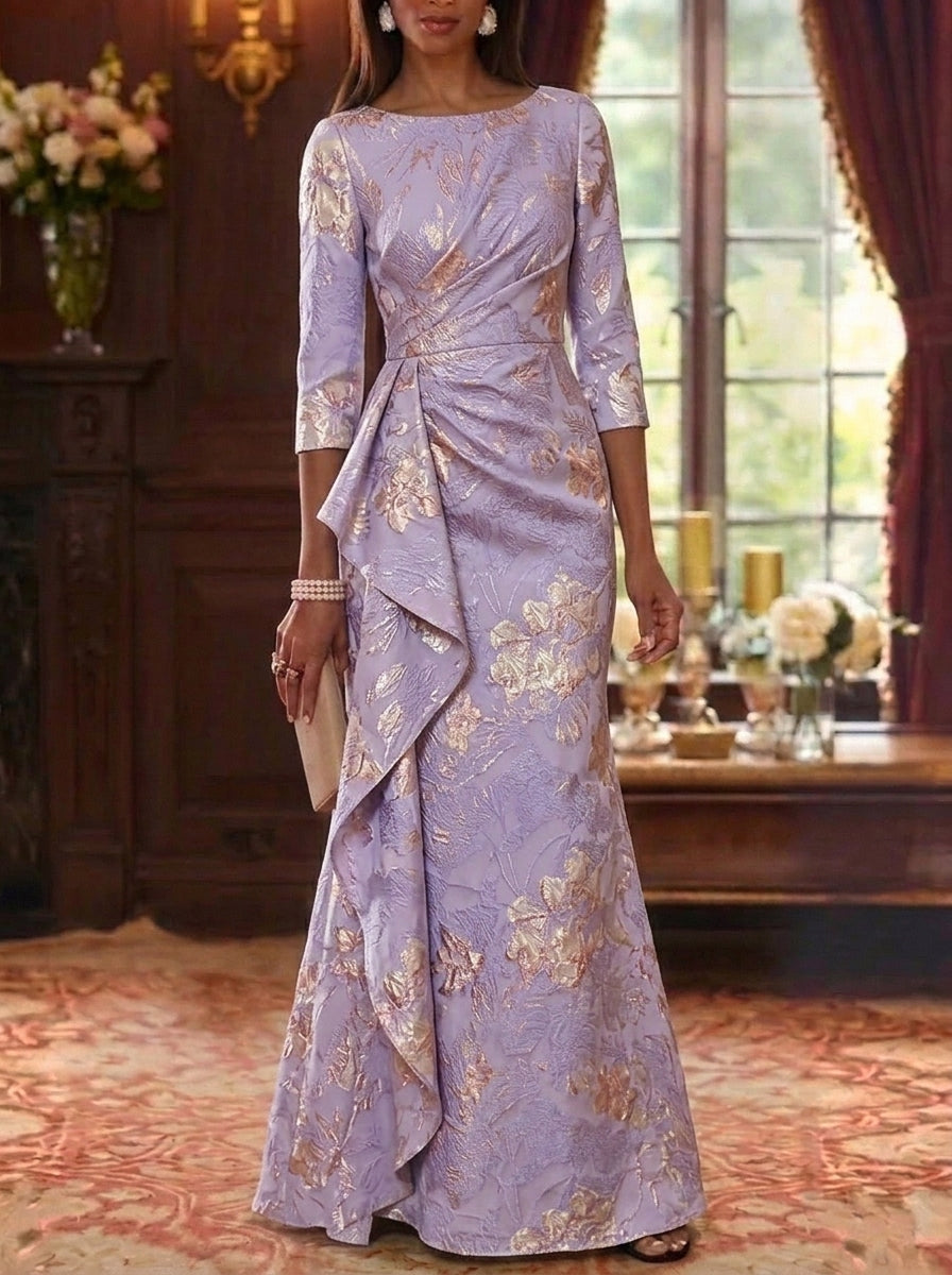 Sheath/Column Scoop Jacquard Mother of the Bride Dresses Floor-Length Floral 3/4 Sleeves Ruffles