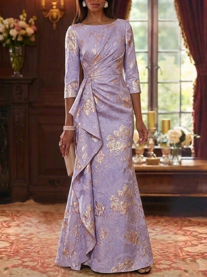 Sheath/Column Scoop Jacquard Mother of the Bride Dresses Floor-Length Floral 3/4 Sleeves Ruffles