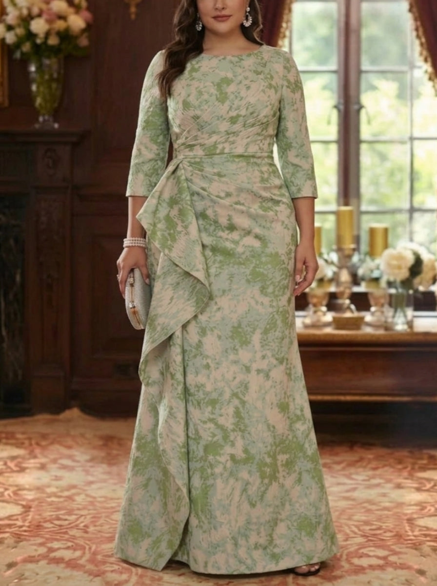 Sheath/Column Scoop Jacquard Plus Size Mother of the Bride Dresses Floor-Length Floral 3/4 Sleeves Ruffles Sheath/Column Scoop Jacquard Plus Size Mother of the Bride Dresses Floor-Length Floral 3/4 Sleeves Ruffles