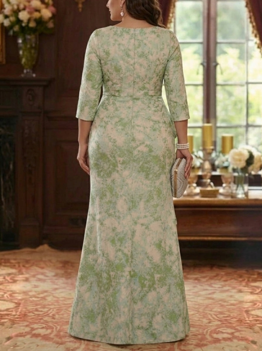 Sheath/Column Scoop Jacquard Plus Size Mother of the Bride Dresses Floor-Length Floral 3/4 Sleeves Ruffles