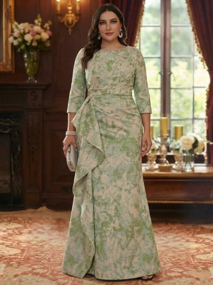 Sheath/Column Scoop Jacquard Plus Size Mother of the Bride Dresses Floor-Length Floral 3/4 Sleeves Ruffles