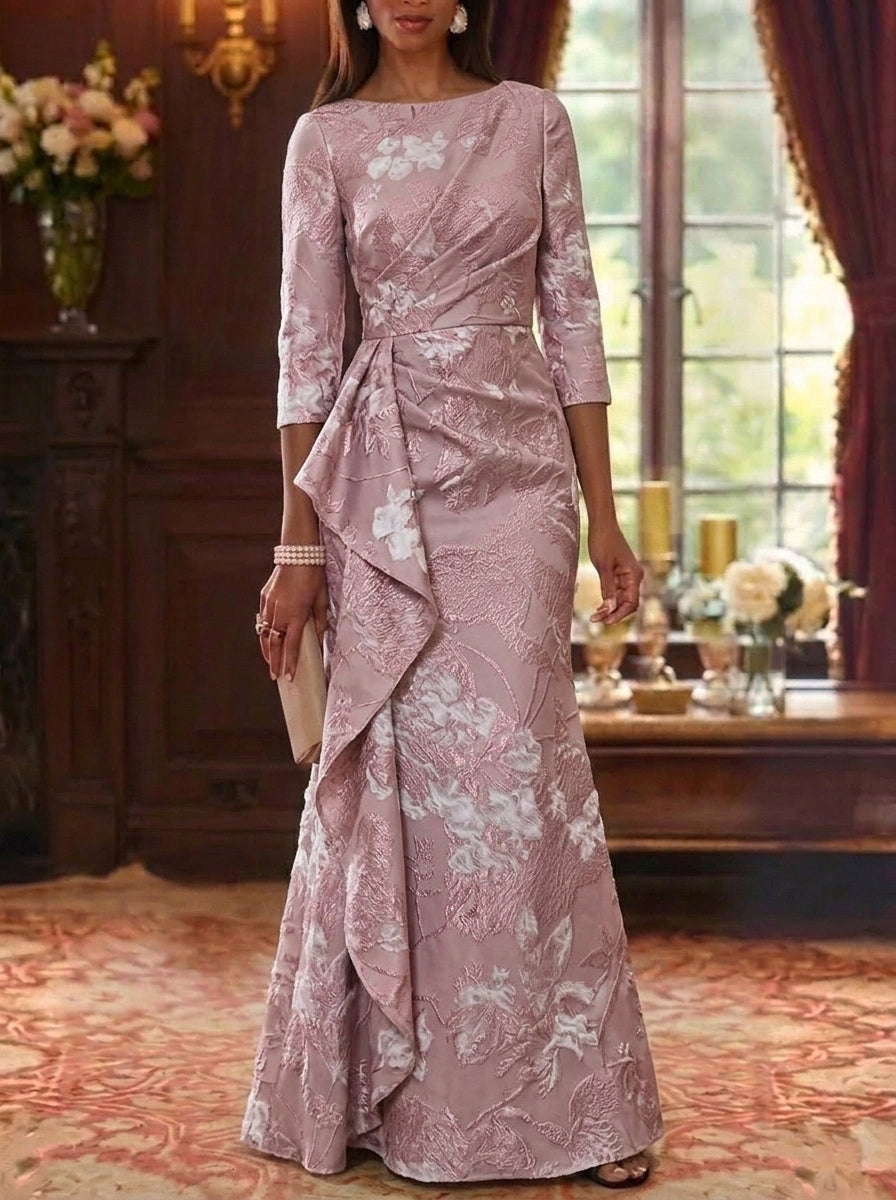 Sheath/Column Scoop Jacquard Mother of the Bride Dresses Floor-Length Floral 3/4 Sleeves Ruffles
