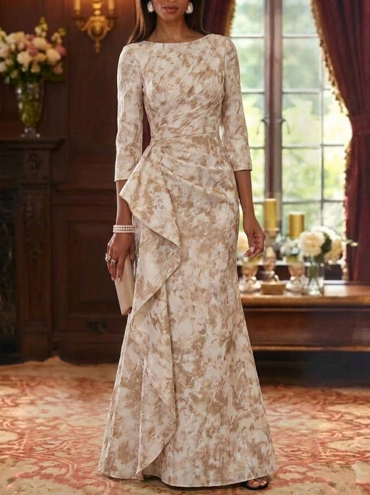 Sheath/Column Scoop Jacquard Mother of the Bride Dresses Floor-Length Floral 3/4 Sleeves Ruffles
