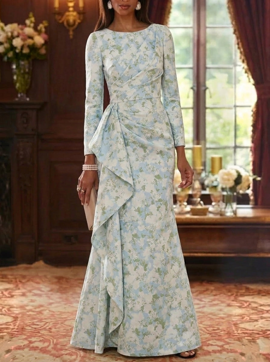 Sheath/Column Scoop Jacquard Mother of the Bride Dresses Floor-Length Floral 3/4 Sleeves Ruffles Light Green