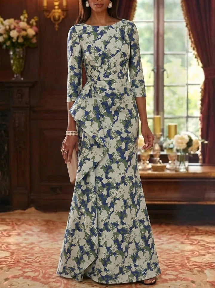 Sheath/Column Scoop Jacquard Mother of the Bride Dresses Floor-Length Floral 3/4 Sleeves Ruffles