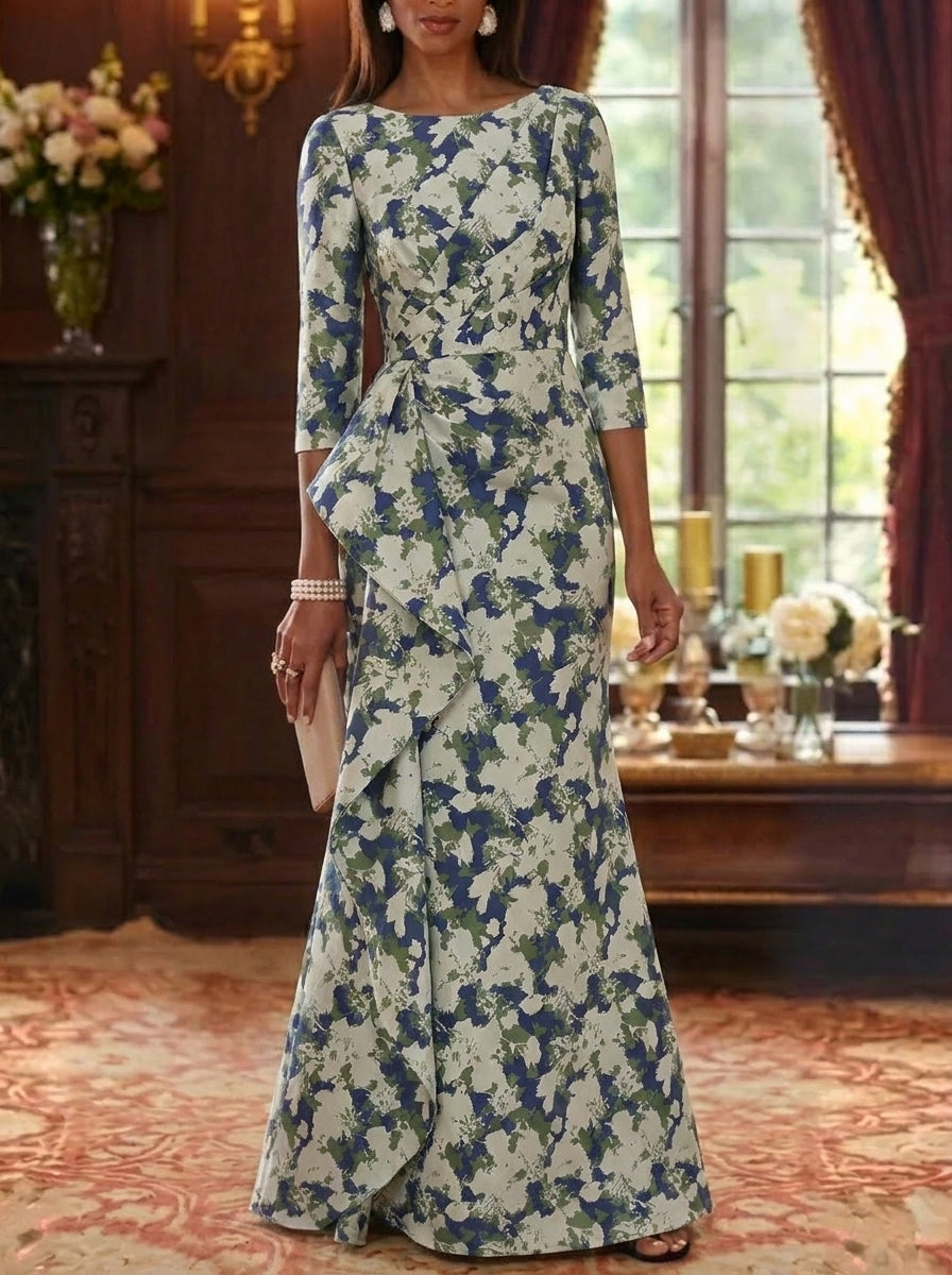 Sheath/Column Scoop Jacquard Mother of the Bride Dresses Floor-Length Floral 3/4 Sleeves Ruffles Light Green