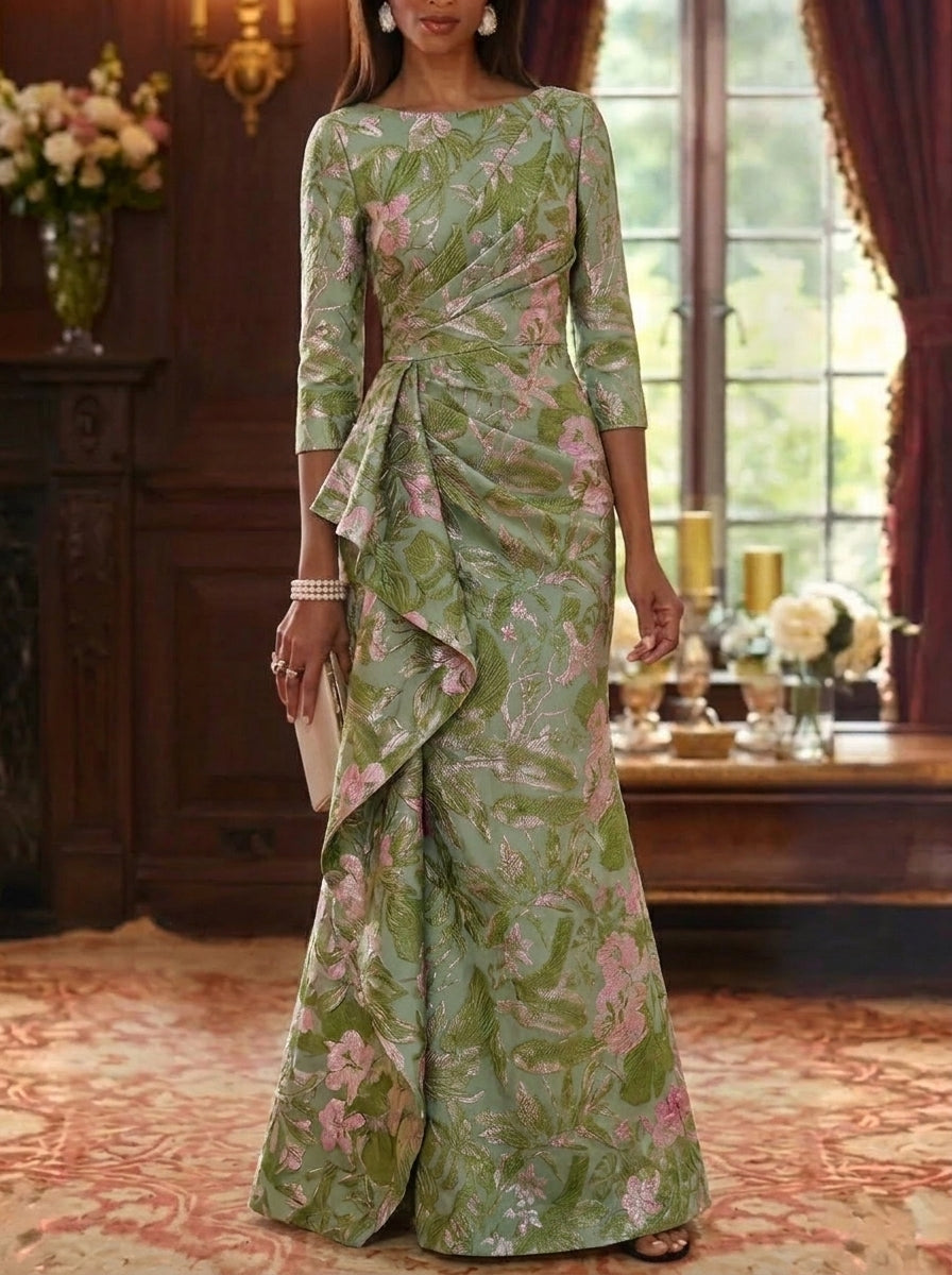 Sheath/Column Scoop Jacquard Mother of the Bride Dresses Floor-Length Floral 3/4 Sleeves Ruffles Light Green