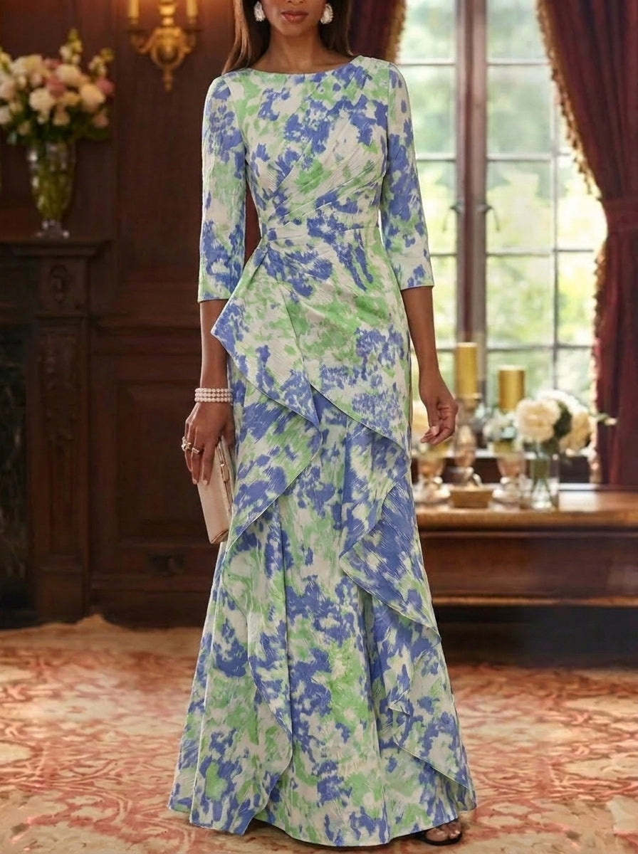 Sheath/Column Scoop Jacquard Mother of the Bride Dresses Floor-Length Floral 3/4 Sleeves Ruffles
