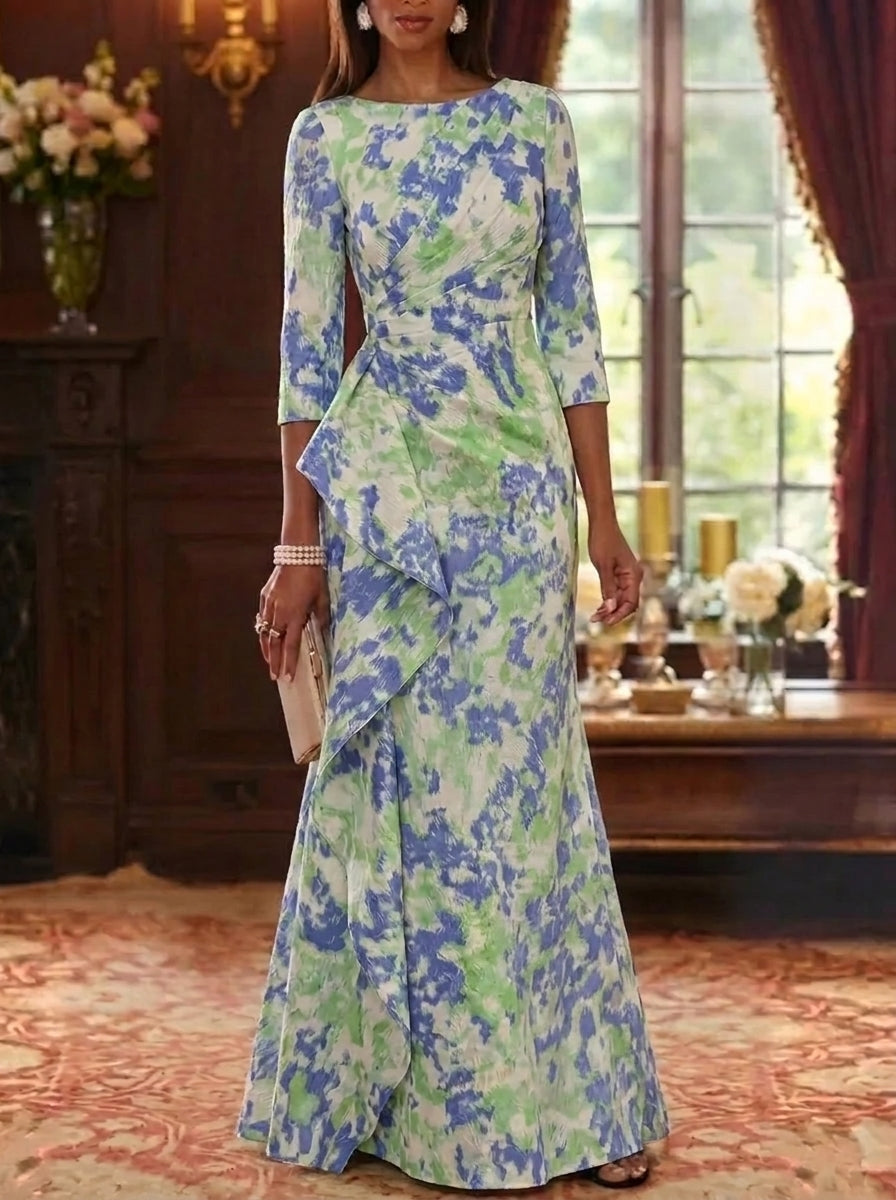 Sheath/Column Scoop Jacquard Mother of the Bride Dresses Floor-Length Floral 3/4 Sleeves Ruffles Light Green