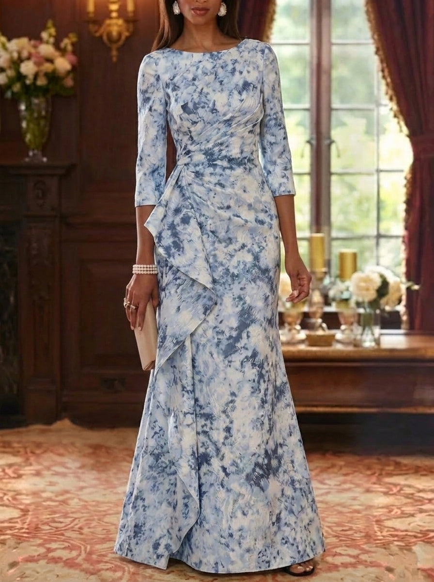 Sheath/Column Scoop Jacquard Mother of the Bride Dresses Floor-Length Floral 3/4 Sleeves Ruffles Light Green