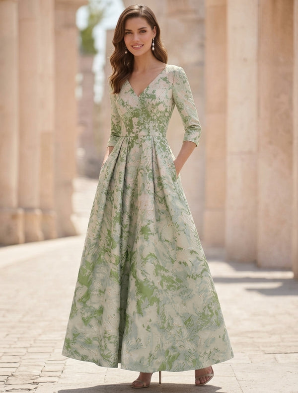 A-Line/Princess V-Neck Jacquard Mother of the Bride Dresses Ankle-Length 3/4 Sleeves Floral