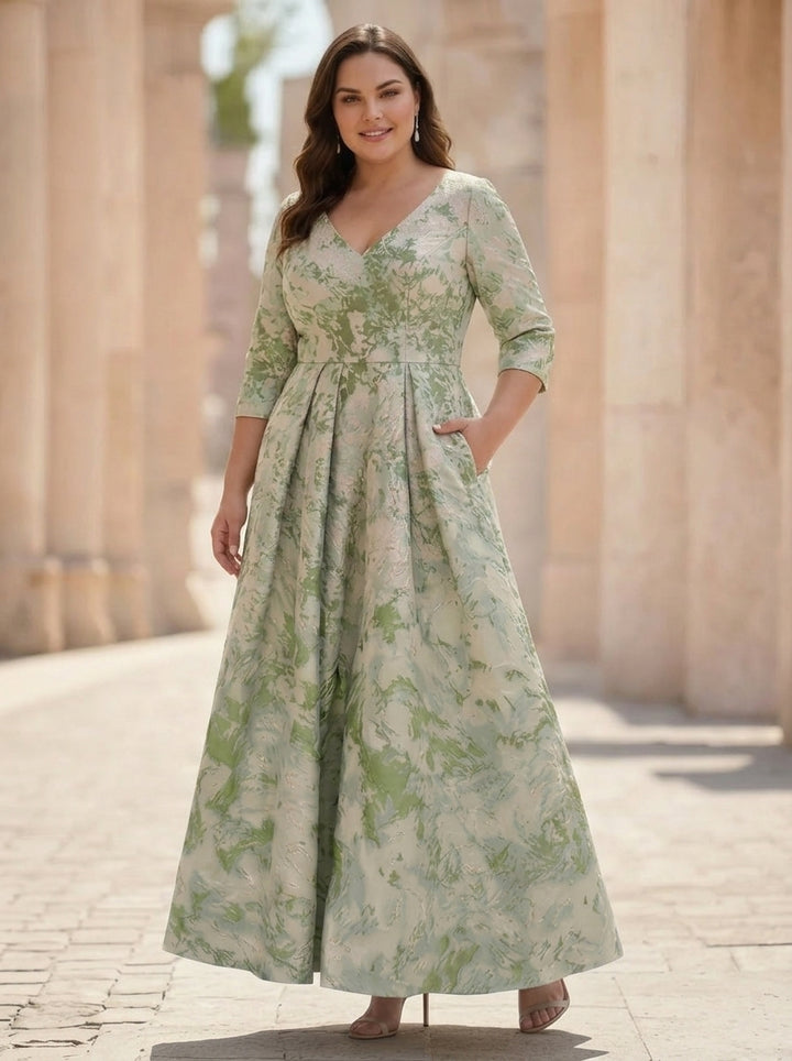 A-Line/Princess V-Neck Jacquard Plus Size Mother of the Bride Dresses Ankle-Length 3/4 Sleeves Floral