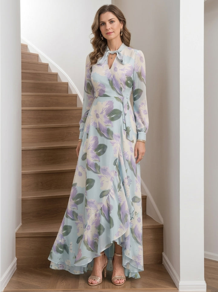 A-Line/Princess V-Neck Chiffon Mother of the Bride Dresses Asymmetrical Ankle-Length Long Sleeves Floral Ruffles