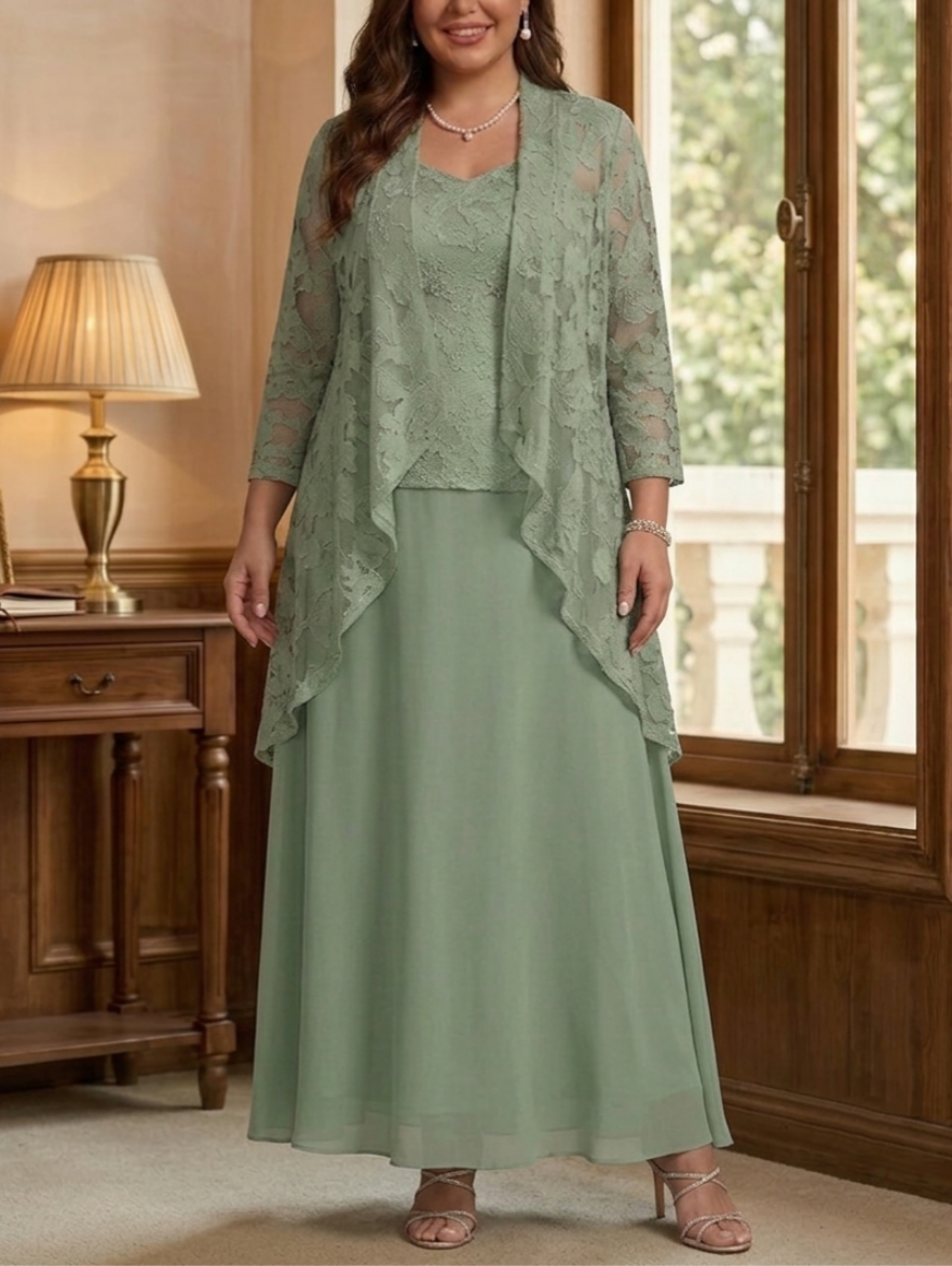 3 Pieces Suit A-Line/Princess V-Neck Chiffon Plus Size Mother of the Bride Dresses with Jacket Lace Ankle-Length 3/4 Sleeves