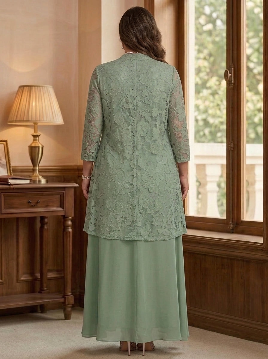 3 Pieces Suit A-Line/Princess V-Neck Chiffon Plus Size Mother of the Bride Dresses with Jacket Lace Ankle-Length 3/4 Sleeves