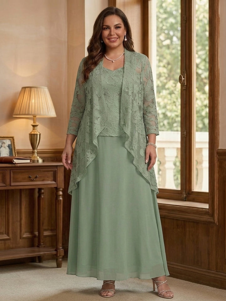 3 Pieces Suit A-Line/Princess V-Neck Chiffon Plus Size Mother of the Bride Dresses with Jacket Lace Ankle-Length 3/4 Sleeves