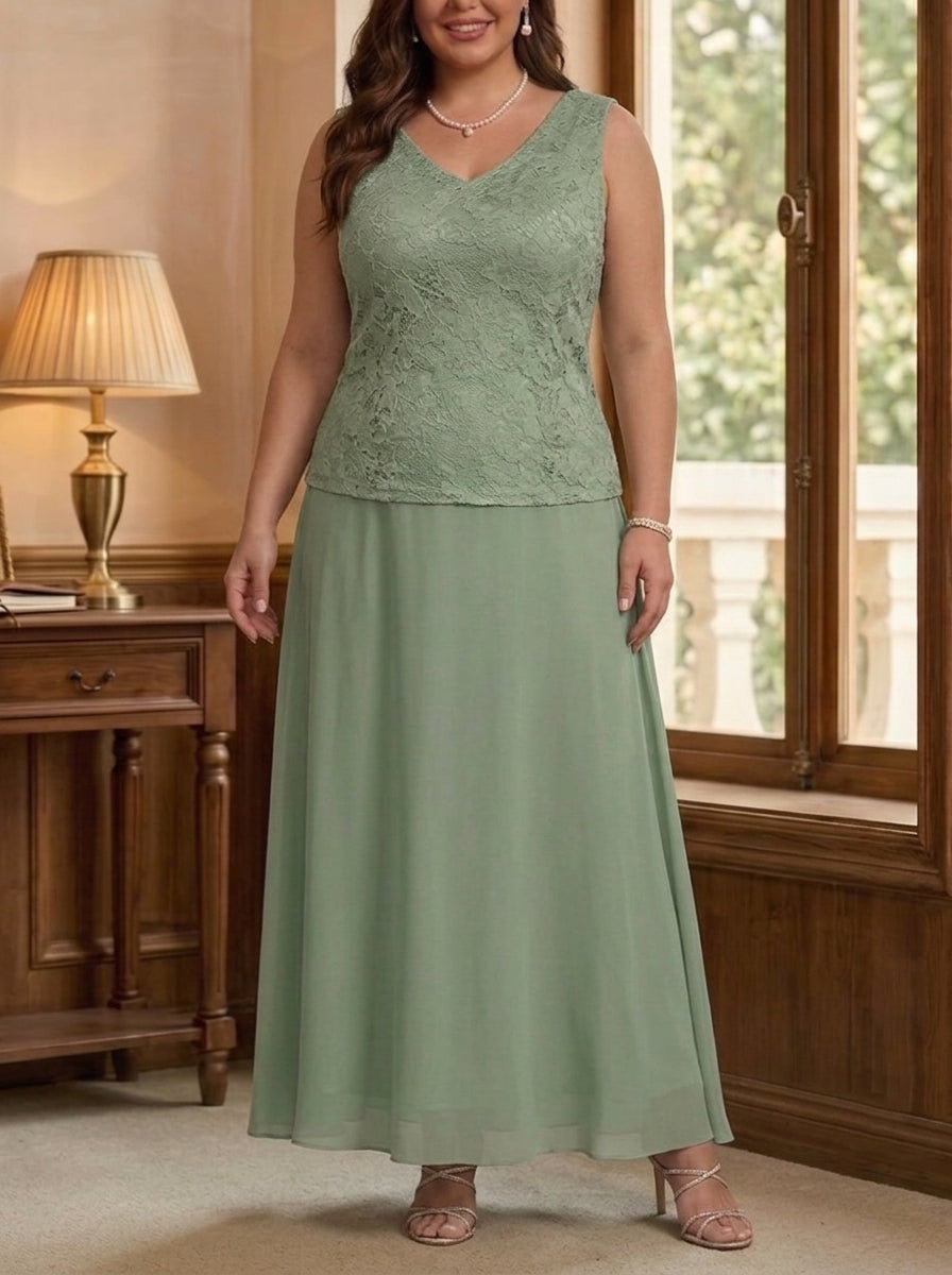 3 Pieces Suit A-Line/Princess V-Neck Chiffon Plus Size Mother of the Bride Dresses with Jacket Lace Ankle-Length 3/4 Sleeves
