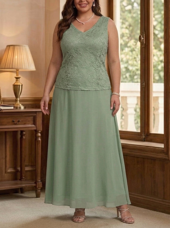 3 Pieces Suit A-Line/Princess V-Neck Chiffon Plus Size Mother of the Bride Dresses with Jacket Lace Ankle-Length 3/4 Sleeves