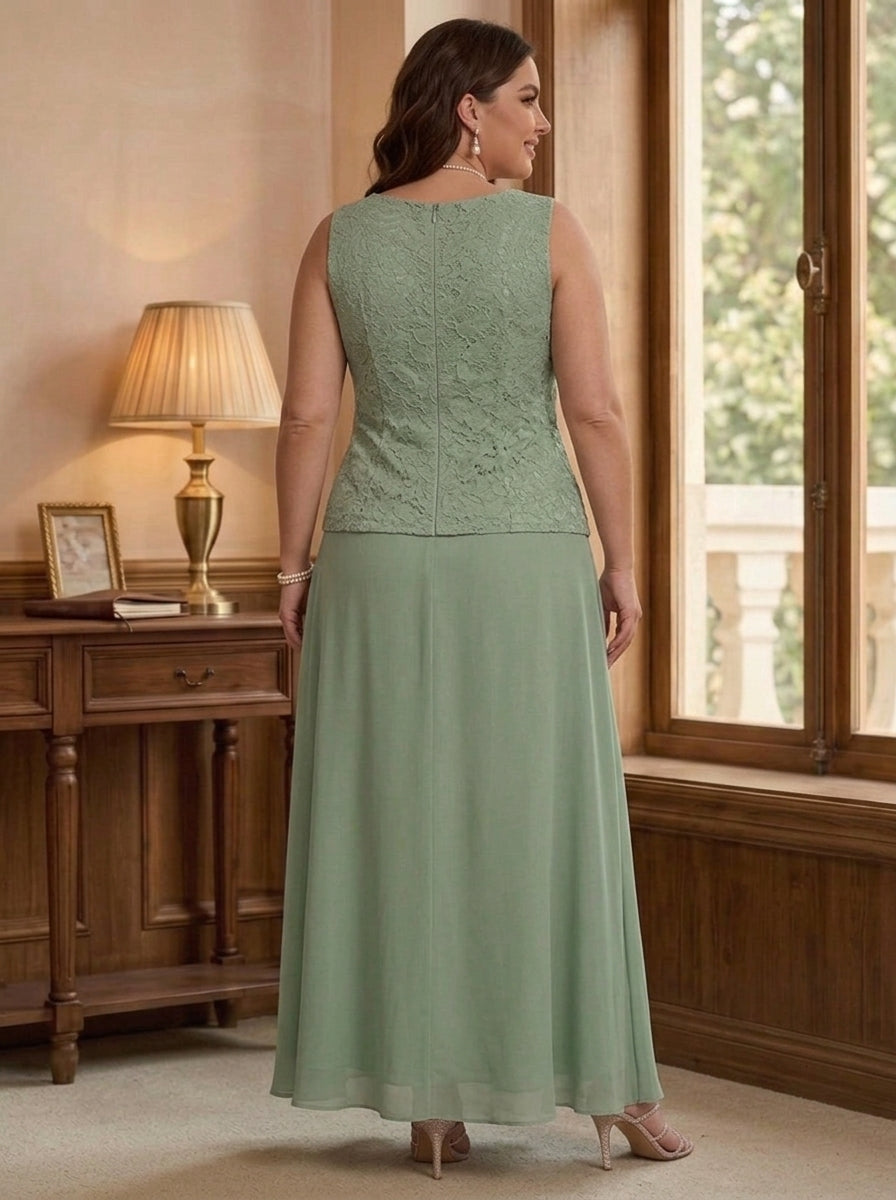3 Pieces Suit A-Line/Princess V-Neck Chiffon Plus Size Mother of the Bride Dresses with Jacket Lace Ankle-Length 3/4 Sleeves