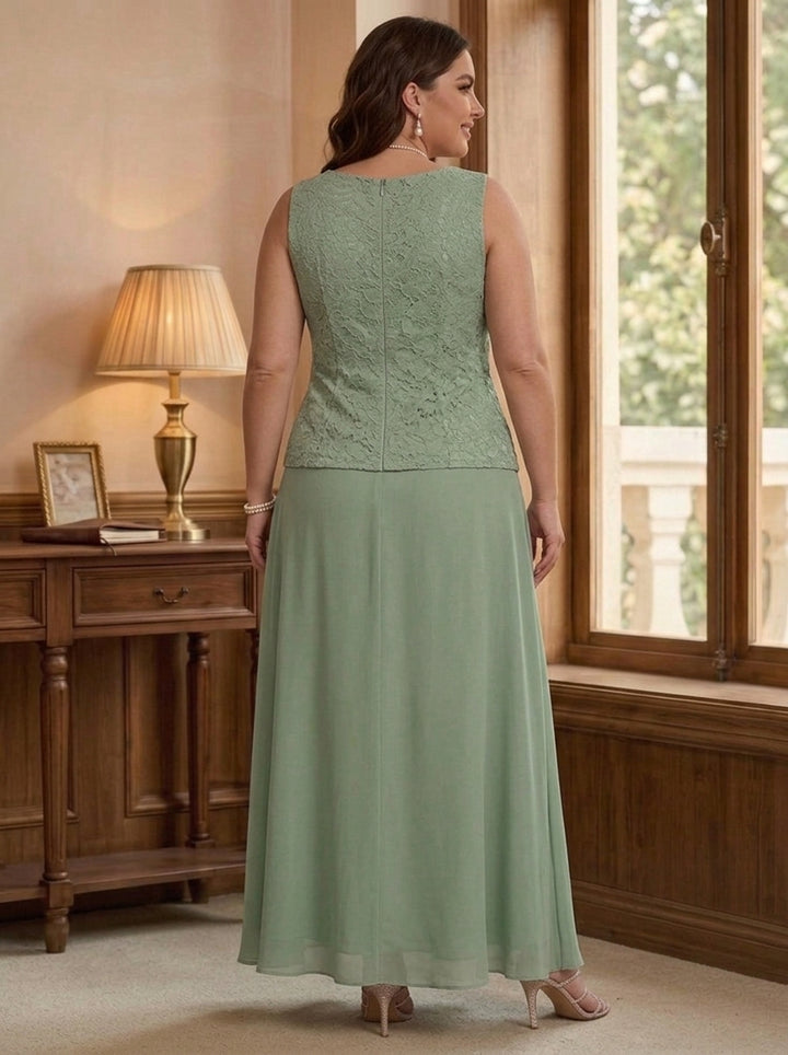 3 Pieces Suit A-Line/Princess V-Neck Chiffon Plus Size Mother of the Bride Dresses with Jacket Lace Ankle-Length 3/4 Sleeves