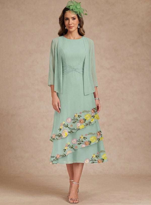 2 Pieces A-Line/Princess Scoop Chiffon Mother of the Bride Dresses with Jacket Tea-Length 3/4 Sleeves Floral