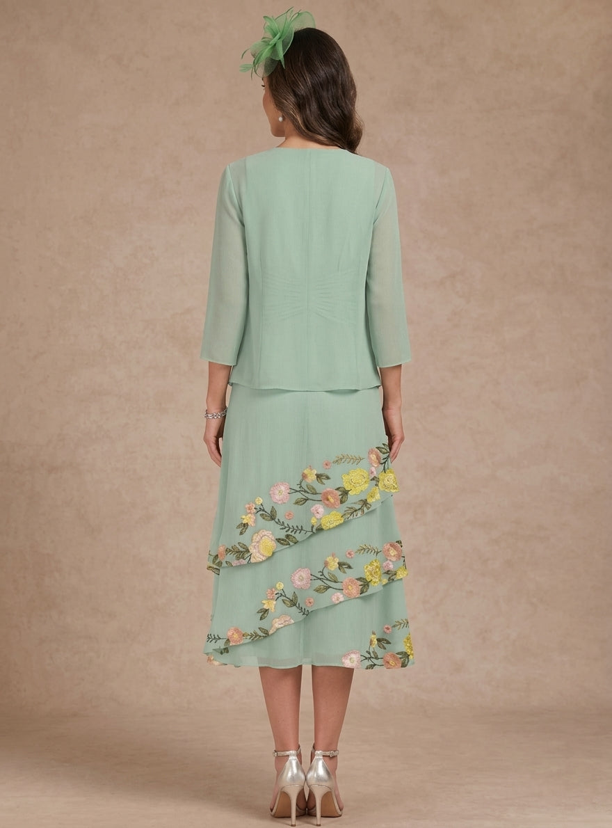 2 Pieces A-Line/Princess Scoop Chiffon Mother of the Bride Dresses with Jacket Tea-Length 3/4 Sleeves Floral