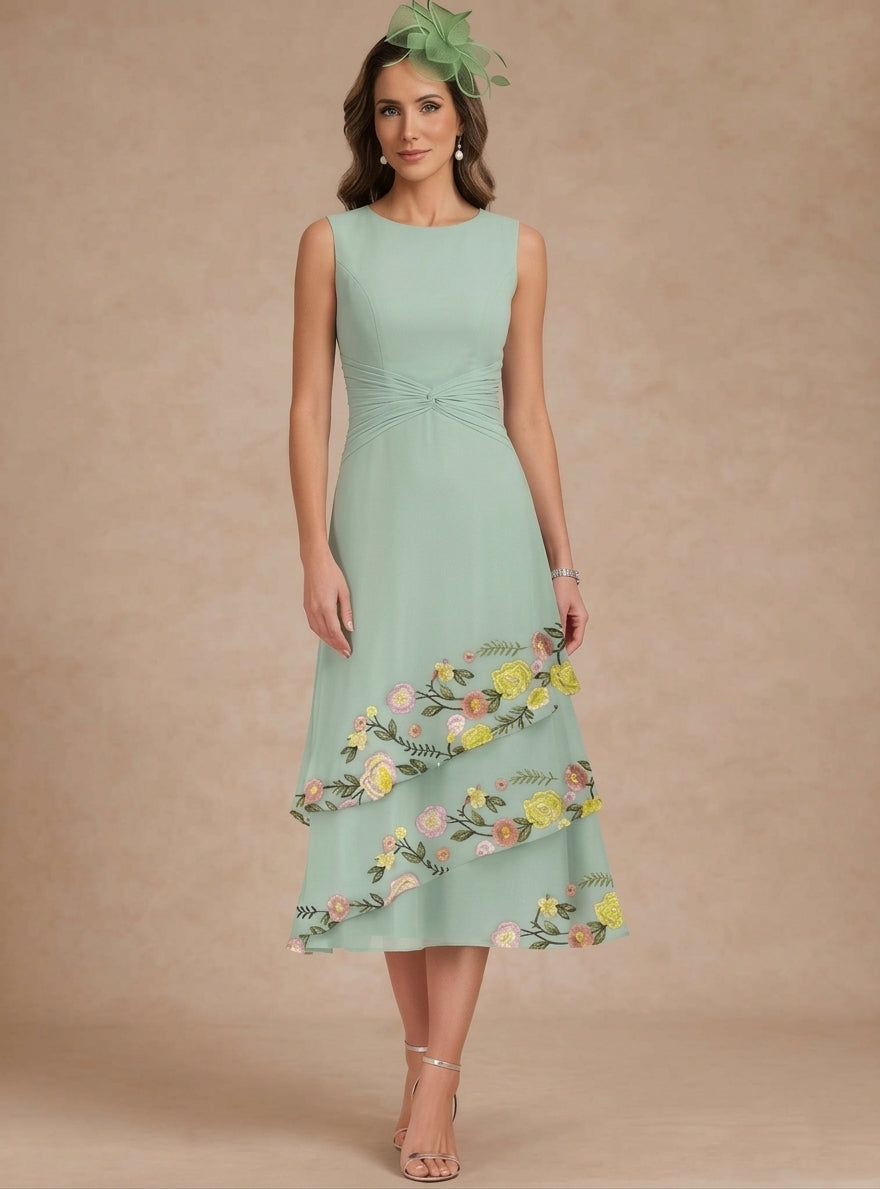 2 Pieces A-Line/Princess Scoop Chiffon Mother of the Bride Dresses with Jacket Tea-Length 3/4 Sleeves Floral