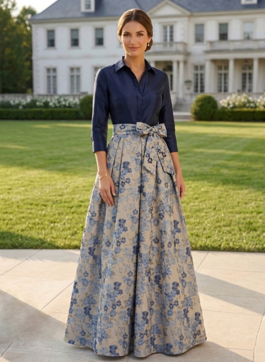 A-Line/Princess Shirt Collar Jacquard Mother of the Bride Dresses Bowknot Floral 3/4 Sleeves Floor Length