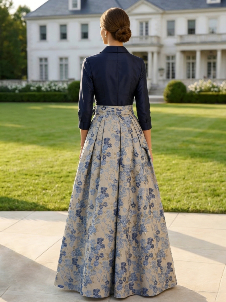 A-Line/Princess Shirt Collar Jacquard Mother of the Bride Dresses Bowknot Floral 3/4 Sleeves Floor Length