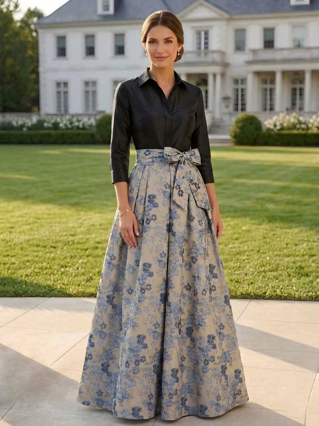 A-Line/Princess Shirt Collar Jacquard Mother of the Bride Dresses Bowknot Floral 3/4 Sleeves Floor Length