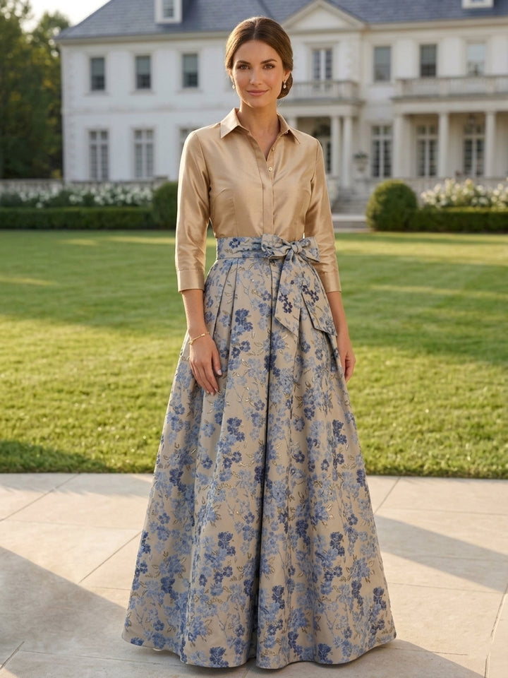 A-Line/Princess Shirt Collar Jacquard Mother of the Bride Dresses Bowknot Floral 3/4 Sleeves Floor Length