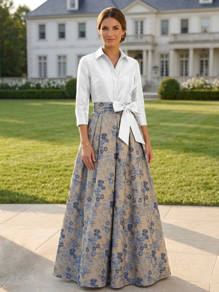 A-Line/Princess Shirt Collar Jacquard Mother of the Bride Dresses Bowknot Floral 3/4 Sleeves Floor Length