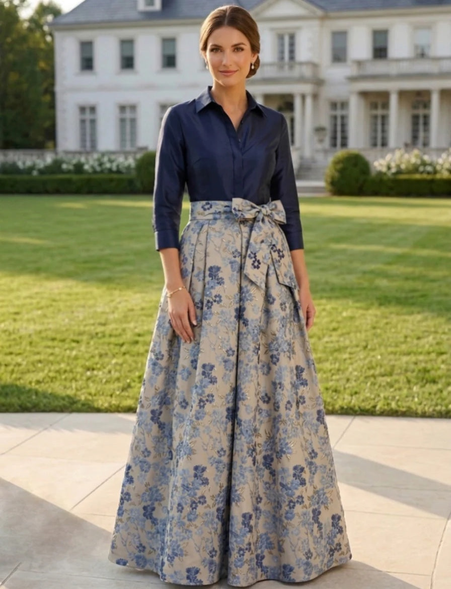 A-Line/Princess Shirt Collar Jacquard Mother of the Bride Dresses Bowknot Floral 3/4 Sleeves Floor Length