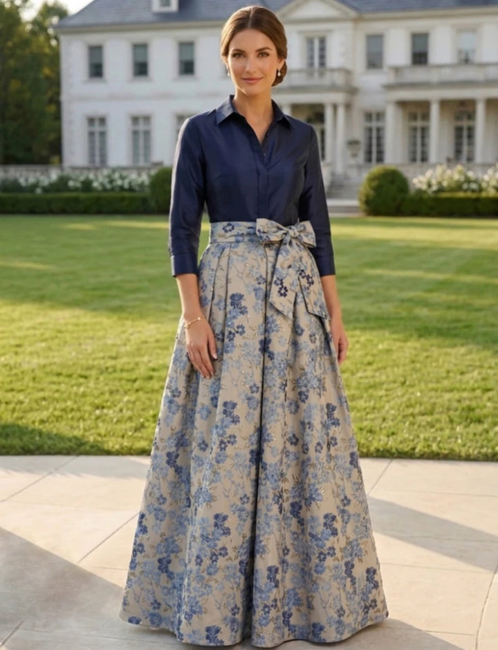 A-Line/Princess Shirt Collar Jacquard Mother of the Bride Dresses Bowknot Floral 3/4 Sleeves Floor Length